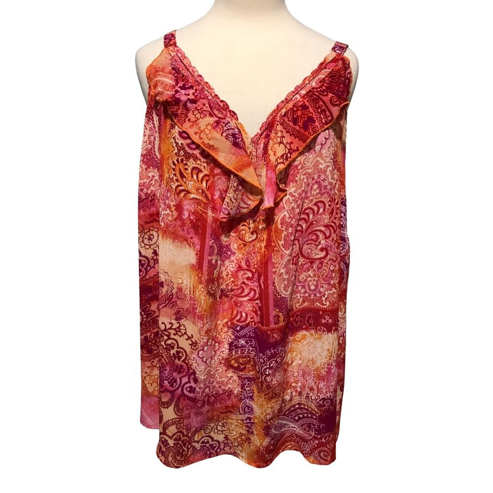 Avenue 22 24 Orange Pink Purple Sleeveless Paisley Crepe Top Ruffle Thin Strap